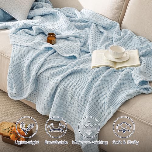 Image of PHF 100% Cotton Waffle Blanket King Size for Bed, Lightweight Breathable and Soft for Summer, Luxury Aesthetic Waffle Weave Blanket for Home Decor & Gifts for Women, 108 inchx90 inch, Sky Blue