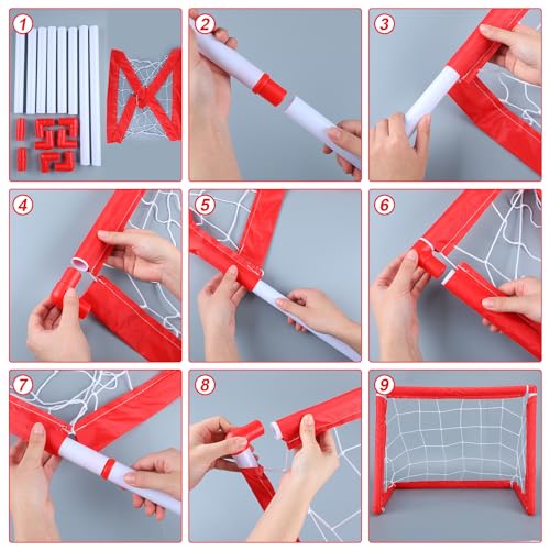 Leyndo 2 Sets Kids Mini Hockey Set Includes 2 Hockey Nets 2 Mini Hockey Goal 4 Plastic Mini Hockey Sticks 4 Foam Balls Knee Hockey Goal Hockey Ball for Kids Indoor Floor(Bright Color)