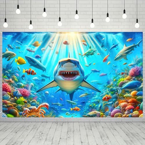 Image of Shark Fish Ocean Theme Birthday Banner - 71x43 Inch Polyester Ocean Decorations Photography Backdrop Ideal for Party Decorations Events Indoor Outdoor Use by BlissYard