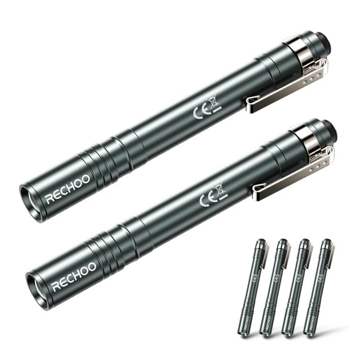 RECHOO LED Pen Light 4 Pack, Lightweight, Small Bright Pen Flashlight with Clip, Waterproof Portable Pocket Flashlight for Home, Emergencies, Inspection, Grey (Battery Included)