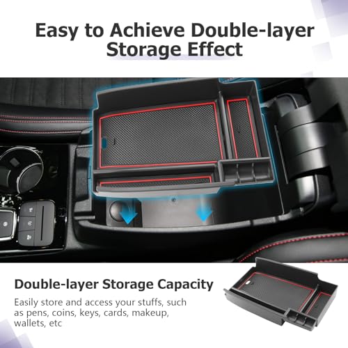Image of LUWU Center Console Organizer Compatible with Ford Escape 2020-2025 2026 Accessories Bronco Sport 2021-2025 Accessories Armrest Console Storage Box Insert Tray ABS Material Black Coin Container Red