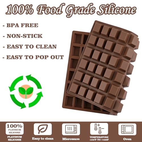 Image of Sakolla 2 Pack Square Chocolate Molds, 72 Cavities Terrace Silicone Molds for Chocolate, Candy, Gummy, Jelly, Ganache, Ice Cubes (Brown)