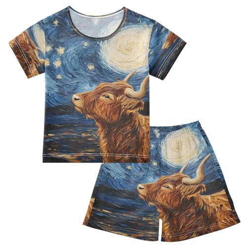 ALAZA Highland Cattle Starry Sky Van Gogh Watercolor Pajamas Set Short Sleeve Cotton Sleepwear Summer Pjs 2 Piece 5-14Y