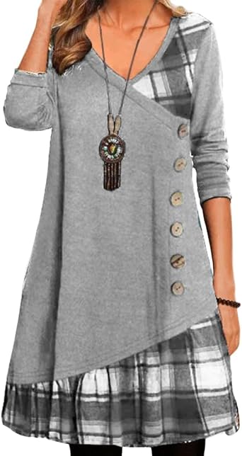 ZOCAVIA Womens V Neck Plaid Dress Long Sleeve Patchwork Dress Cute High Waist Midi Dress Casual Button Tunic Dresses
