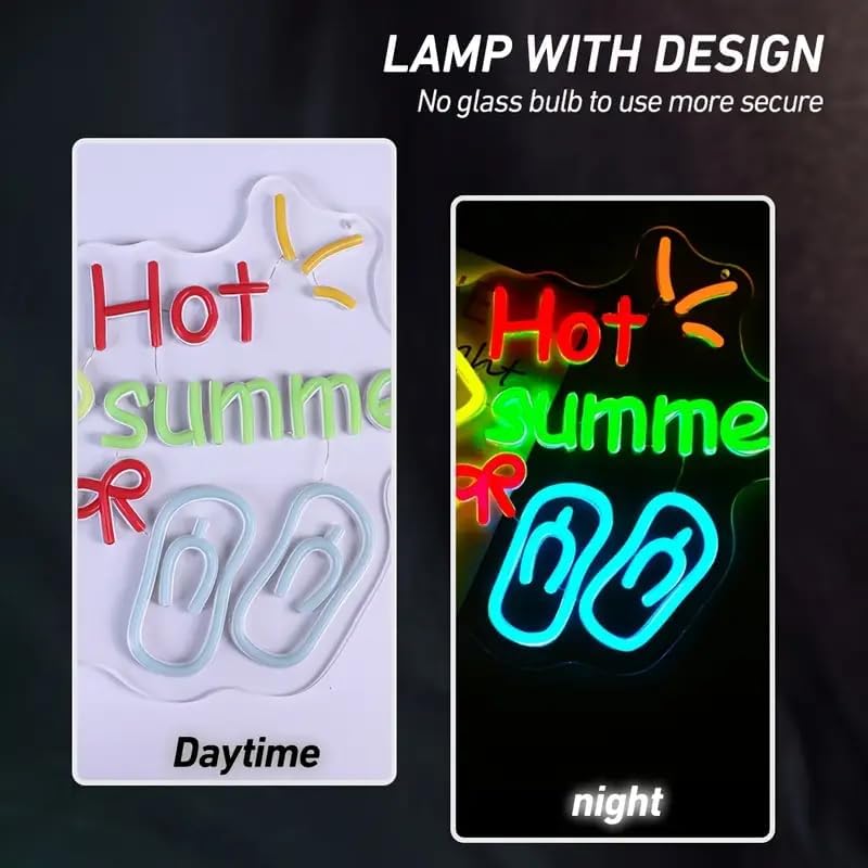 Hot Summer Neon Sign - USB Powered Multicolor LED Wall Light with Switch Control, Tropical Flip-Flops & Christmas Tree Design for Bedroom, Beach Party, Bar Decor