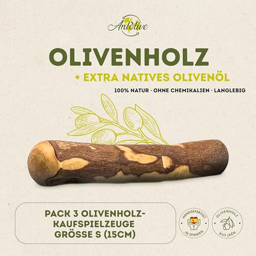 Anlolive | Pack 3 Natürliche Kausticks Größe S 15 cm | Für Kleine Hunde | Olivenholz-Stick | Sicheres, Gesundes und Langlebiges Spielzeug | Pflegt die Zähne, Reduziert Angst und Stärkt den Kiefer