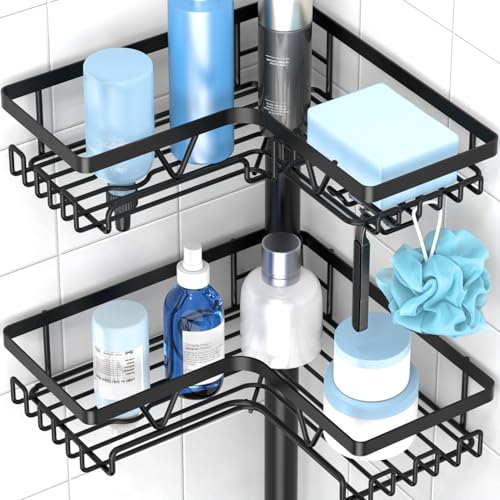 Image of KEGII Floor Shower Caddy Standing - 4-Tier Corner Shower Organizer with Hooks & Soap Holder, Free-Standing Bathroom Storage Rack for Shampoo & Toiletries, Black