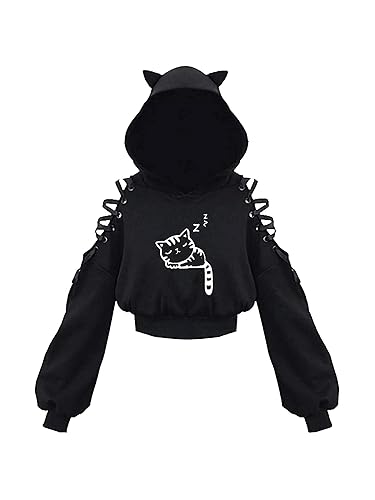 Loalirando Women's Cute Cat Ear Crop Top Oversized Hoodie Off Shoulder Hollow Out Long Sleeve Black Punk Gothic Sweatshirts - L - Little Cat