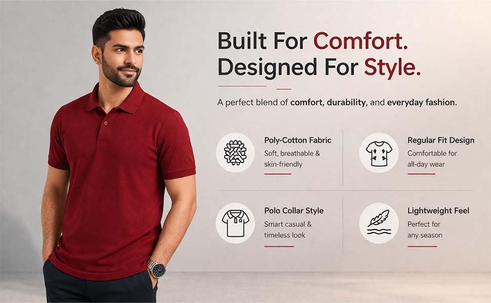 Image of Men's Poly Cotton T-Shirt | Stylish & Comfortable Casual Wear | Regular Fit T-Shirt (in, Alpha, M, Maroon)