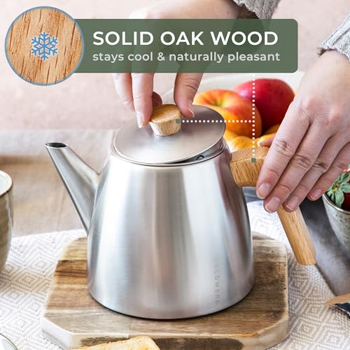Image of WALDWERK Tea Pot with Infuser - Double Wall Stainless Steel Teapot - Tea Pot with Infuser for Loose Tea - Made from 304 Stainless Steel and Oak Wood - Isolated Teapot with Strainer - 100% Drip Free