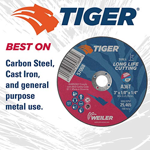 Image of Weiler 57068 3-Inch Cutting Wheel, Tiger AO Steel /Metal Long Life, Performance Cutting, 1 /8 inch A36T Type 1 1 /4 inch Arbor (Pack of 100)