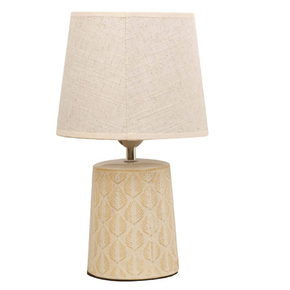 Britalia Cream Ceramic Vintage Leaf Print Tapered Cylindrical Base Table Desk Lamp With Beige Linen Lampshade | 35Cm Height | Es E27 Lamp Bulb Required | Uk Approved