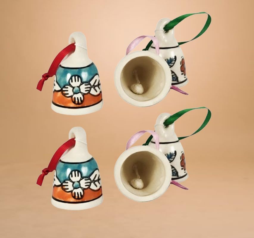 Lasaki Jerry Small Bell Set of 6 Ceramic windchimes Hand Painted for mandir aarti pujan, Wall hangings,Entry Gates,Home Decor,for puja,Office(L - 4.5 X W - 4.5 X H - 7 cm)