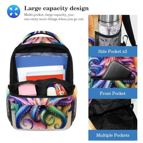 Sac à dos rétro multicolore pieuvre Deep Ocean avec trousse pour l'école et voyage - 3