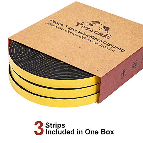 Yotache Foam Weather Stripping Seal Tape 3 Rolls 1/2" W X 1/8" T For Doors And Windows Gasket Insulation Soundproofing, 50 Ft Length (3 X 16.5 Ft Each) #TOP2