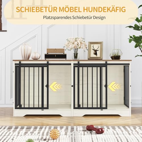 Hzuaneri Hundekäfig Möbel für 2 Hunde, Robuste Hundebox Holz, Weiß Braun