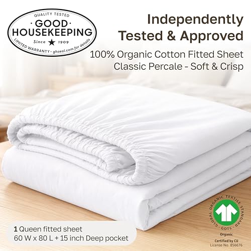 Image of California Design Den Organic Cotton Queen Fitted Sheet Deep Pocket, Pink | GOTS Certified, Crisp & Airy Percale, 15 inch Deep Pocket, All-around Elastic, No-Pop Fit, Durable, Easy Care, Backed by GH Seal