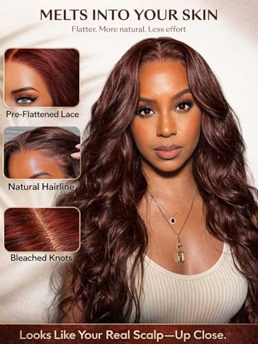 Image of Beauty Forever Reddish Brown Lace Front Wig Human Hair 7x5 Body Wave Bye Bye Slip Glueless Wigs with Elastic Drawstring,Pre Plucked,Bleached Knots,Natural Hairline,150% Density 14inch