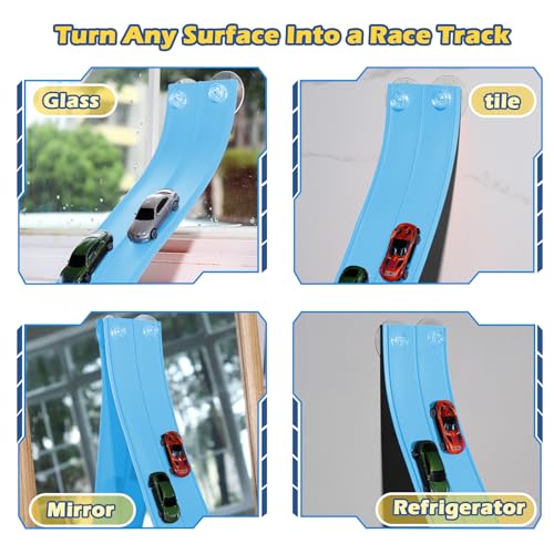 Image of Flexible Race Track for Kids Flexible Car Track 15Ft Race Track Compatible with Diecast 1 /64th Cars, Flex Tracks Roll Up Car Ramp Toy with Strong Suction Cups