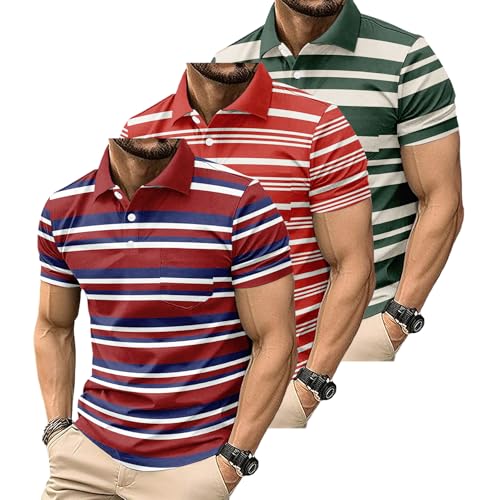 3 Pack Men’s Striped Quick-Dry Golf Polo Shirts