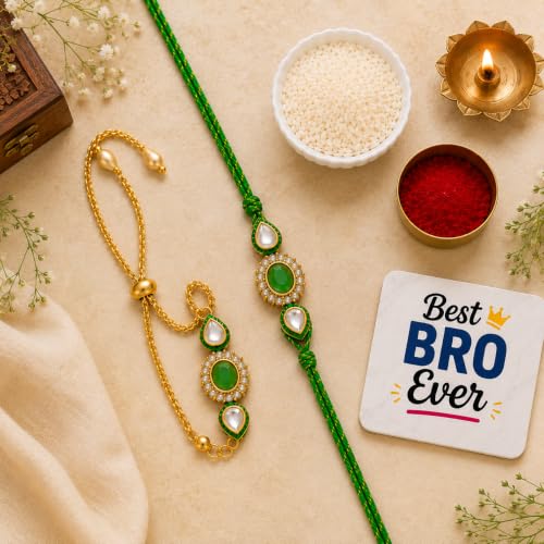 Image of eCraftIndia Designer Green Kundan Bhaiya Bhabhi Rakhi with Best Bro Ever Fridge Magnet, Premium Lumba Rakhi Set for Brother & Bhabhi, Raksha Bandhan Gift with Roli Chawal