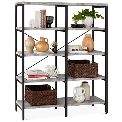 Best Choice Products Large Bookshelf 5-Tier Decorative Home 55In Double Wide Bookcase Furniture For Living Room Storage, Walkway, Entryway W/Industrial Shelves - Gray #TOP16