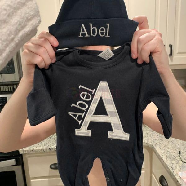 Personalized Sleeper Baby Coming Home Outfit, Custom Newborn Baby Romper with Beanie Monogrammed Outfit Embroidery Oatmeal Sleeper with Footies Baby Shower Gifts Christmas Gifts (StyleB)