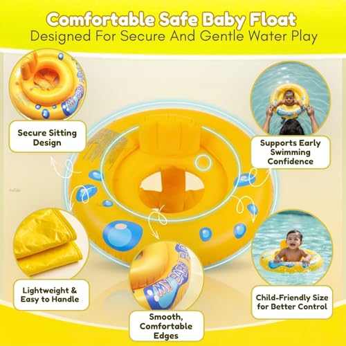 Image of Toy Imagine 26.5 inch(67 cm) Inflatable Baby Swim Ring with Small Inner Ring Safe Swimming Tube for Kids Anti-Flip PVC Tube,Yellow Saddle-Seat with Leg Holes For Infants 6-24 Months,Baby Pool Swim Trainer
