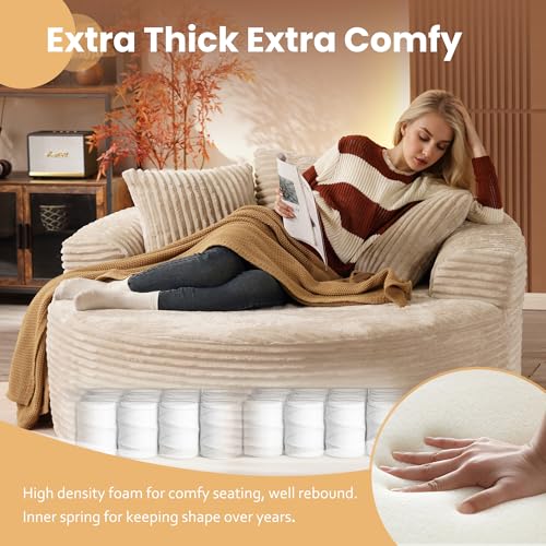 Image of HOOOWOOO Cloud Round Couch for Living Room,Oversized Single Sofa No Assembly,Matching Plush Corduroy Chaise Lounge Accent Chair for 1 to 2 Persons(Beige)