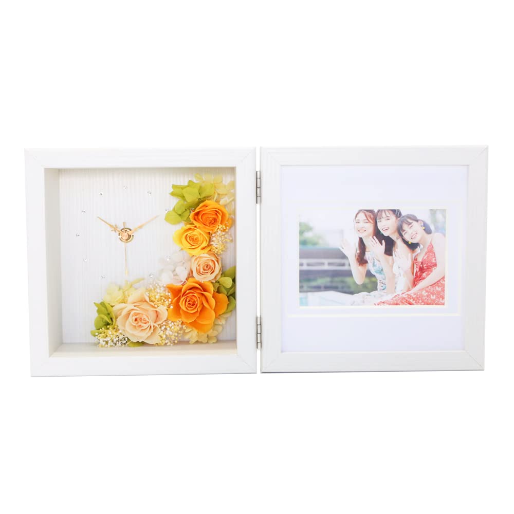 プリザーブドフラワーフォトクロック Arvo オリジナルギフト工房 HappySmile (ナチュラルホワイト×ブルー)