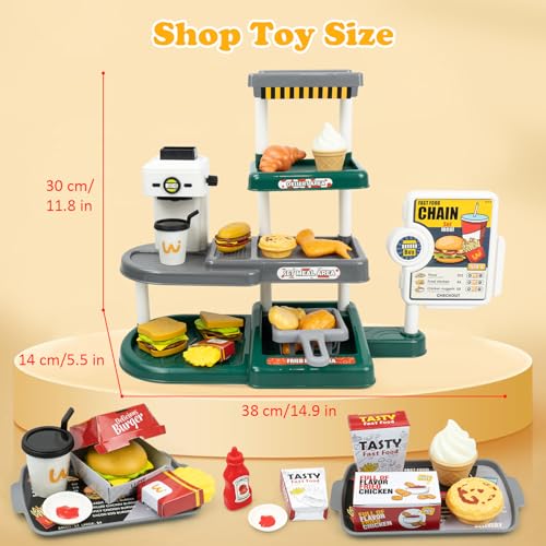KalaDuck Pretend Play Food with Coffee Maker, Cash Register for Kids with Sound, Hamburger Food Toy, Play Money Credit Card and Play Kitchen Food, Food Play Store Gifts for Toddlers Boys Girls 3+