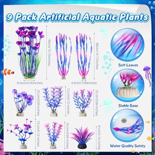 Image of Zeyune 15 Pcs Fish Tank Decorations Mountain Ornament Broken Barrel Sunken Ship Artificial Seaweed Water Plants Colorful Coral Reef for Fish Bowl Aquarium Decor(Purple)