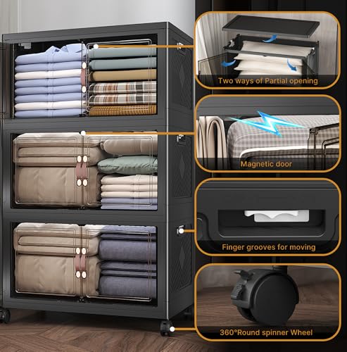 Image of UAMFURI Extra Large Stackable Storage Bins with Lids & Wheels, 360QT-120QT /30GAL*3Pack Foldable Collapsible Closet Organizers Storage Cabinet with Doors for Bedroom Dorm