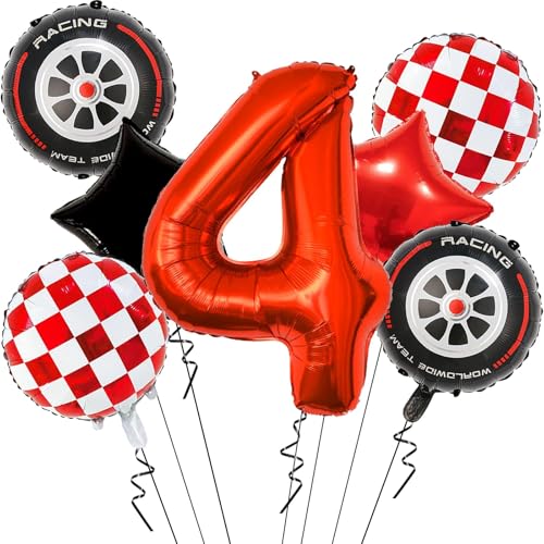 YUEXNKO Decoração de Aniversário de Carro 4 Anos, Balões de Carro de Corrida, Decoração de Festa para Criança de 4 Anos, Balões de Alumínio Reutilizáveis