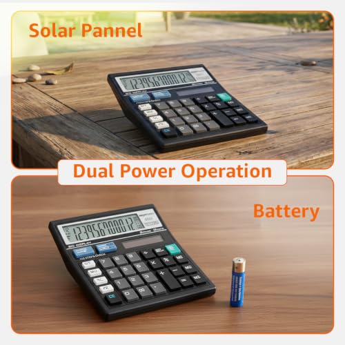 Image of Amazon Basics Electronic Calculator (AB-512A) | 12 Digit Large Display | Dual Power (Solar + AAA Battery) | 30 Angled Screen | Big Button Design | 13 x 13 cm | Black | for Office, School & Home