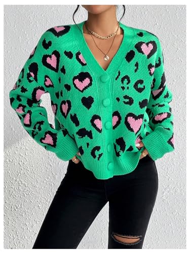 Image of MakeMeChic Women's Leopard Cardigan Sweaters V Neck Button Down Long Sleeve Y2K Cardigan
