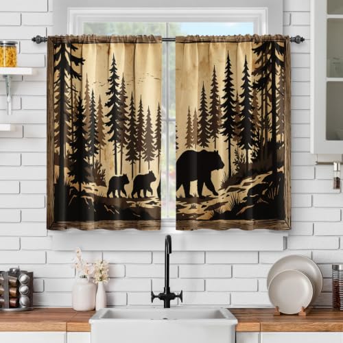 Jekeno Rustic Black Bear Forest Pine Tree Wood Grain Kitchen Curtain