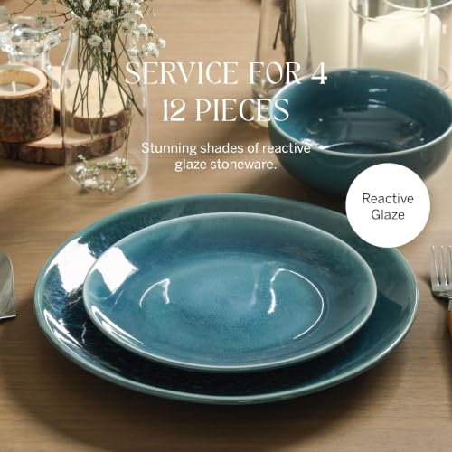Image of Stone Lain Riley 12-Piece Dinnerware Set Stoneware, Plates and Bowls Set, Dishwasher and Microwave Safe, Dish Set for 4, Blue