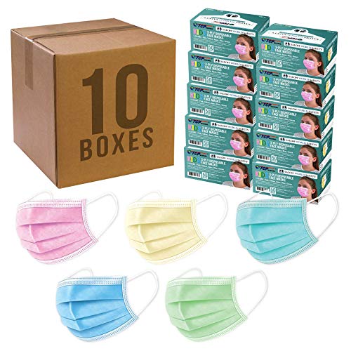 TCP Global Salon World Safety - Kids Face Masks 500 Pk 3-Ply Protective PPE (5 Colors, 100 Each)