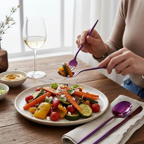 Image of 4 Pcs Pink Slim Handle Stainless Steel Cutlery Set for Dining Table with Spoon and Fork Set & Butterknife - The Perfect Tableware /Flatware