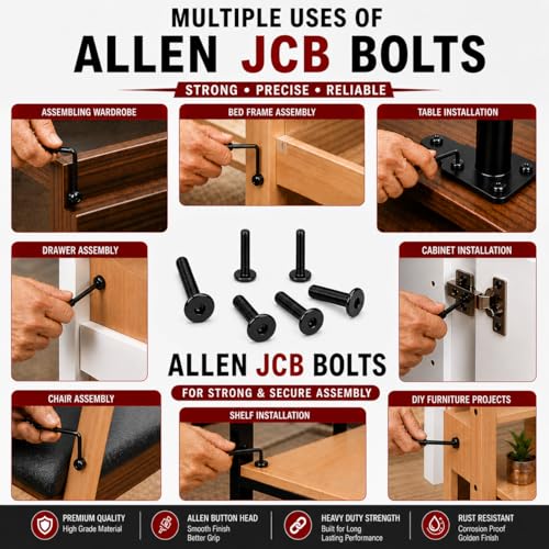 Image of By inchVP INDUSTRIES inch (Pcs-25) M6x35mm Allen JCB Flat Head Screw Black Zinc Plated High Tensile | Allen key Head Screw for Modular Furniture, Wooden Work, Electrical Fittings, DIY & Industrial Use