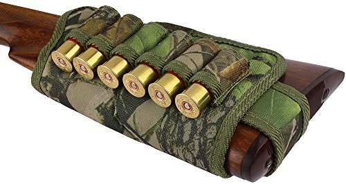 Bronzedog Nylon Shotgun Shell Holder Adjustable Buttstock Pouch Padded Rifle Cheek Rest Hunting 12 16 Ga Right Left Handed (Green Oak Camo Left) #TOP2