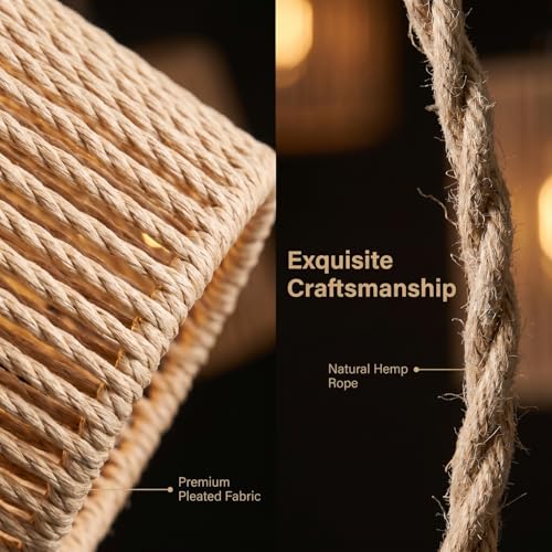 DKCONONY Rattan Pendant Light Plug in - Dimmable Vintage Pleated Hanging Lamp 15FT Hemp Rope Cord with LED Bulb, Hand Woven Wicker Shade for Bedroom Living Room Farmhouse Decor, Beige by DKCONONY - Used condition - Image 6