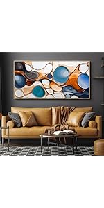 yiijeah Extre Large Abstract Wall Art Canvas - Dynamic Blue Brown and Orange Circles and Bubbles ...