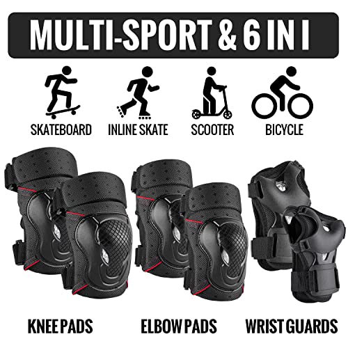 Nhh Skateboard Knee Pads Set - 6 In 1 Protective Gear Set Knee Pads Elbow Pads And Wrist Guards For Kids Youth Adults Men And Women (Black-Red, Medium) #TOP1