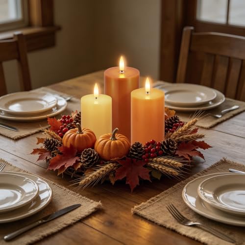 Image of Orange Flameless Candles with Remote, Fall Battery Operated Wax Candles | Flickering Autumn Harvest Pillar Candles, Decorative LED Candles for Fall, Thanksgiving, Halloween Home Party Decor, 3 Pack
