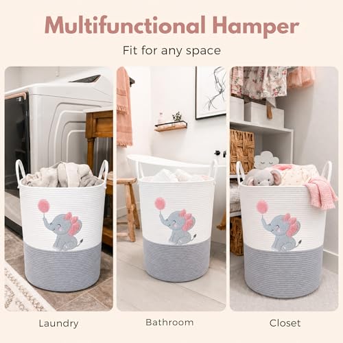 Image of Elephant Baby Laundry Basket for Girl Nursery, Pink Rope Hamper, 20x15 in