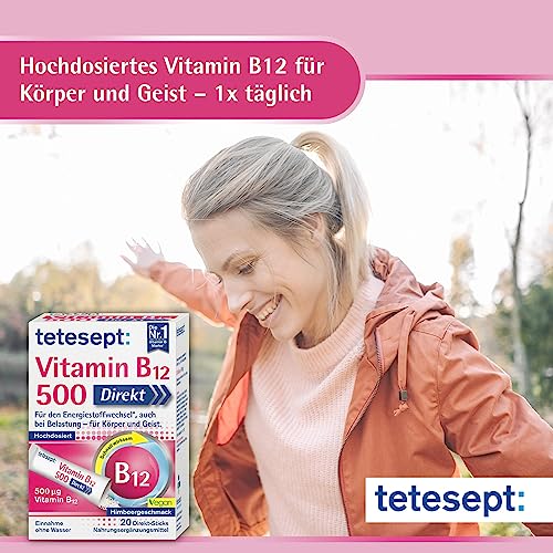 tetesept Vitamin B12 500 Direkt - 4 x 20 Direkt-Sticks - Nahrungsergänzungsmittel für den Energiestoffwechsel*, auch bei Belastung - Vitamin B12 Pulver hochdosiert zur Einnahme ohne Wasser