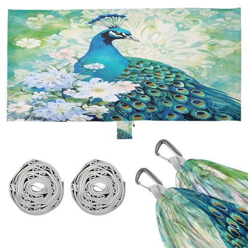 SDMKA Watercolor Peacock Camping Hammock, 330 lbs with 2 Tree Straps, Carry Bag, Single Portable Hammock for Outdoor/Indoor, Hiking, Beach, Backpacking, Travel