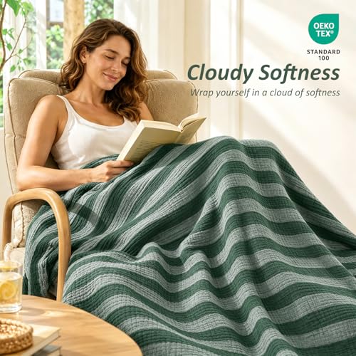 Image of EMME Cotton Muslin Blanket Couch 4-Layer Breathable Gauze Soft Lightweight Bed Blankets Adults Forest Green Throw XL (50 inch x 70 inch)